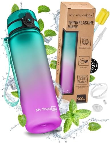 My Vesperbox Minny Gourde anti-fuite pour enfant, avec paille ou passoire, 350 ml, 500 ml, 750 ml, bouteille d'eau légère en Tritan, sans BPA, pour la maternelle, l'école (violet-vert, 500 ml)