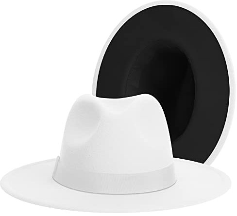 Klassische Fedora mit breiter Krempe für Damen und Herren, zweifarbig, Fedora mit Band, verstellbar, roter Bodenhut, Filz, Panama-Hut, weiß-schwarz|weiß-band, Medium