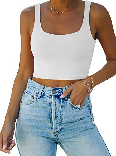 REORIA Women’s Sexy Square Neck Double Lined Seamless Sleeveless Cropped Tank Yoga Crop Tops White L