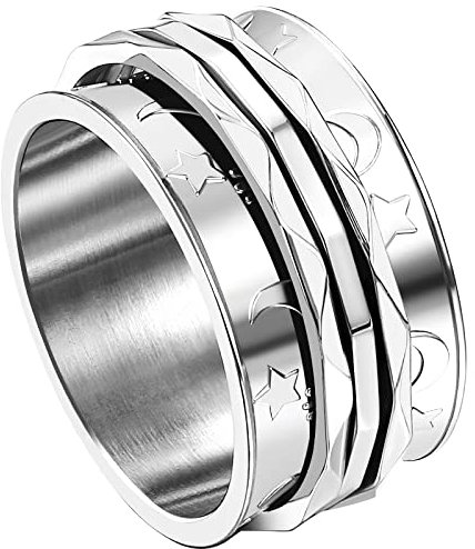 JewelryWe Schmuck Fidget Angst Ring Damen Retro Mond Sterne Edelstahl Drehbarer Anti Stress Band Bandring mit Gravur, Silber Größe 57