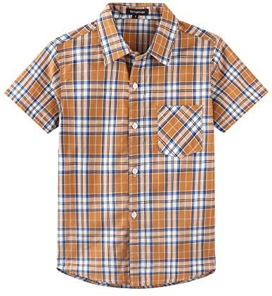 Spring&Gege Chemise à carreaux à manches courtes pour garçon, chemise de loisirs pour enfants, Marron/bleu, 5-6 ans