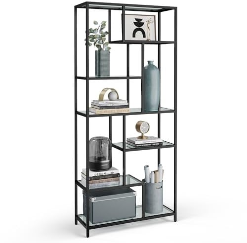 VASAGLE Étagère de Rangement, Bibliothèque, 6 Niveaux, Porte-Plantes, 30 x 80 x 180 cm, Verre Trempé, pour Bureau, Salon, Chambre, Cuisine, Noir Pur LGT502B61