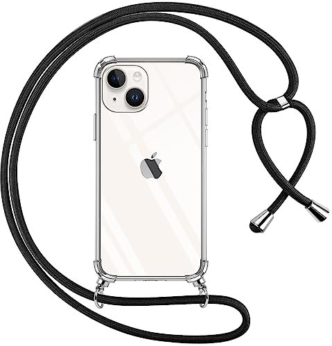 Pnakqil Coque pour iPhone 14 Plus avec Cordon, Transparente Silicone Housse avec Réglable de Collier Anti-Chute Etui pour iPhone 14Plus, Ètuis à Bandoulière 6.7, Noir