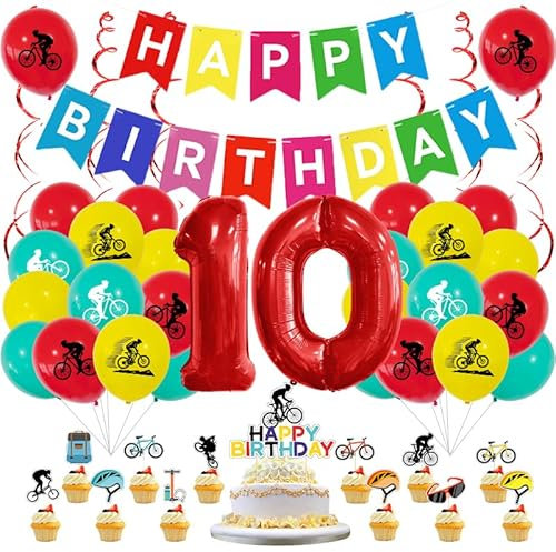 Guoguonb 10 Jahre Fahrrad Deko Zahlenballon 10 Folienballon Fahrrad Druck Ballon Fahrt Themen Cupcake Tortendekoration Happy Birthday Banner für Kinder Fahrrad Thema Party Dekorationen