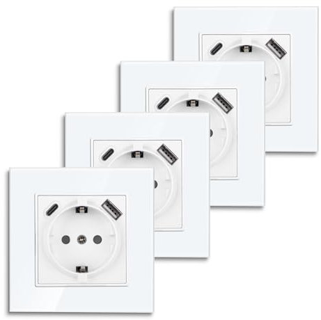 CNBINGO - Juego de 4 enchufes Schuko con conector USB, puerto USB-A y tipo C máx. 2,1 A total, enchufe empotrado con garras, enchufe de pared con marco de cristal en blanco, 1 compartimiento