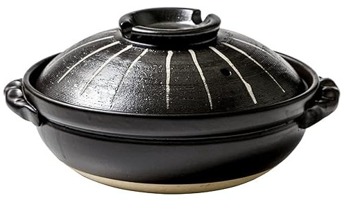 fUfIzU Japanese Style Donabe Clay Pot, Black Stripes Earthenware Hot Pot, Ceramic Hot Pot Casserole for Home Cooking