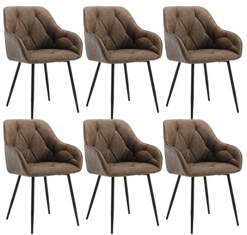WOLTU 6er Set Esszimmerstühle, Küchenstuhl, Stuhl Esszimmer Wohnzimmer, ergonomischer Sessel, Armlehnstuhl, Polsterstuhl, Sitzfläche aus Vintage-Kunstleder, Metallbeine, Dunkelbraun, EZS03dbr-6