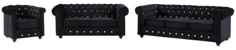 Vente-unique-Sofas 3-Sitzer, 2-Sitzer & Sessel - Samt - Schwarz mit Knöpfen in Kristall-Optik - Chesterfield