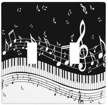Moslion Piano Music Note Double Toggle Wall Switch Covers Musical Instrument Black White Key 2-Gang Wall Plate Outlet Plug Covers Light For Kitchen Home Bathroom