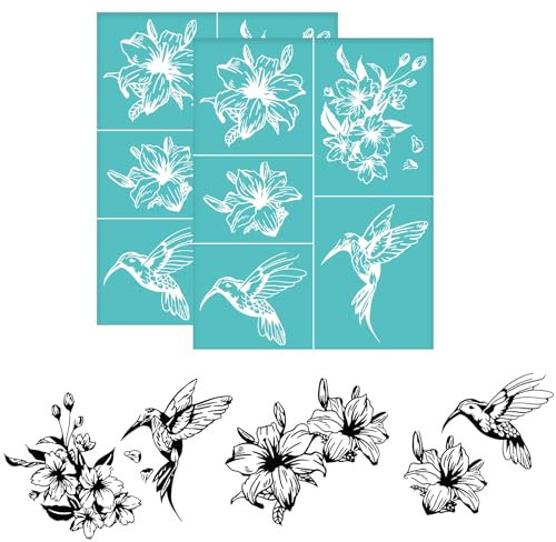 OLYCRAFT 2 Stück 22x28cm Selbstklebende Siebdruckschablone Kombination Kolibri Blumen Siebdruckschablone Blumenschablonen Wiederverwendbare Netzübertragung Zum Malen Auf Holz DIY T-Shirt Stoff
