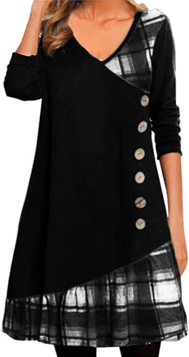 Jumper Dress for Women Causal Loose Crew Neck Dress for Women UK Ladies Button Detail Work Office Autumn Winter Knee LengthVintage Comfortable Tunic CheckedSwingClubwear Black