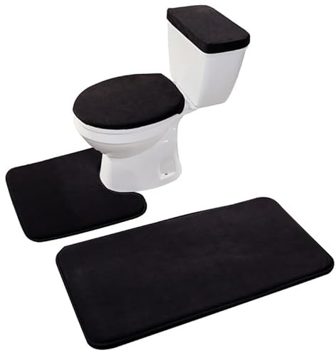 Madeals Memory Foam Bathroom Toilet Rug Set 4 Piece with Toilet Lid Cover and Tank Covers Black