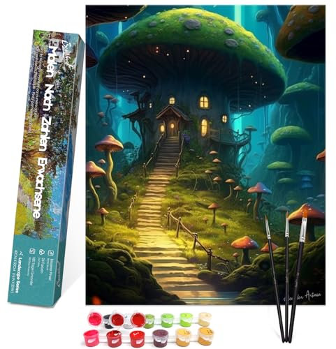 Bougimal Malen Nach Zahlen Erwachsene Landschaft Ohen Rahmen inklusive Pinsel und Acrylfarben - 40 x 50 cm, Traum-Pilz-Haus