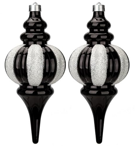 Hollyone 26x11cm Large Christmas Finial Bauble, 2PCS Black & White Xmas Ball for Christmas Tree Decorations, Glittery Stripe Baubles Giant Hanging Ornaments for Tree Decor, Wedding, Party, Wreath