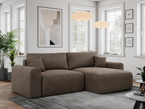 MKS MEBLE Sofa L-Form, Ecksofa mit Schlaffunktion, Wohnlandschaft L-Form mit Kissen, Couch L-Form - Nelson - Braun Velvet