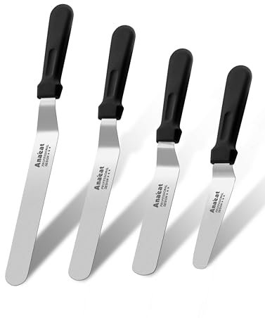 Anaeat Zuckergussspatel, 4er-Set professioneller, abgewinkelter Tortenspatel mit Edelstahlklingen in 4 Größen - verdicktes Glasurmesser mit Kunststoffgriff zum Dekorieren von Torten, Gebäck und Backen