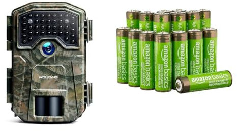 WOLFANG Fototrappola 36MP HD, Fotocamera Caccia con 38 LED a Infrarossi Invisibili 940nm & Amazon Basics - Batterie AA ricaricabili, ad alta capacità, 2400 mAh, NiMh, pre-caricate, confezione da 16