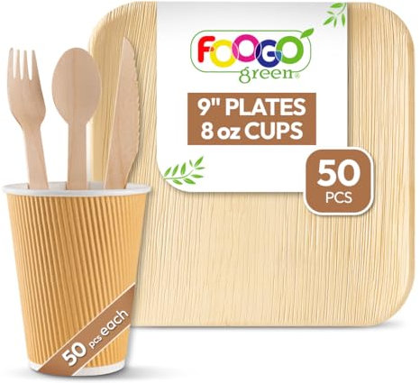 FOOGO Green 250pcs Disposable Palm Leaf Plates, Paper Cups and Wooden Cutlery Set, FSC® Certified, 50x Large Square Plates, 50x Cups, 50xForks, 50xKnives, 50x Spoons, Eco Friendly