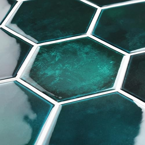 FunStick Fliesenaufkleber Hexagon Dunkelgrün 3D Fliesen Selbstklebend Küchenrückwand Abwaschbar Klebefliesen Küche Grün 3D PVC Wandfliesen Selbstklebend Badezimmer Fliesenaufkleber 30×30CM 5 Stück