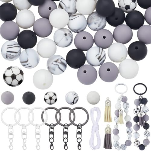 SOFPLATE 127pcs Soccer Silicone Beads 15mm Sports Key Chains Kits Silicone Black Grey Football Keychains Kits With Tassel And Nylon Thread for Jewellery Making Holiday Party Decors Keychain Diy