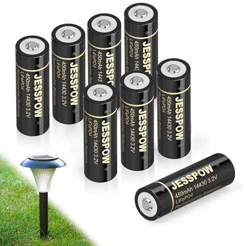 14430 3.2 Volt Rechargeable Solar Battery, JESSPOW Rechargeable LiFePo4 Battery [ 450mAh 3.2V 8Pack ] for Outdoor Garden Light, Solar Panel Light, Tooth Brush, Shaver, Flashlight
