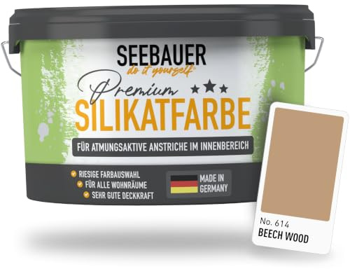 SEEBAUER diy Silikatfarbe Hellbraun 5L für Innen (No. 614 Beech Wood) Atmungsaktive Mineralfarbe für Allergiker - Abwaschbare Wandfarbe - Brauntöne hohe Deckkraft