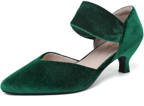 RIBONGZ Kitten Heels for Women Closed Toe Comfortable Low Heels Pointed Toe Sexy Slip on Pumps Bridal Party Dressy Shoes, Green, 5 UK