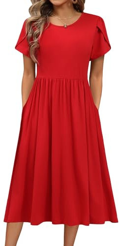 Hotouch Robe Femmes A-Line Elegant Manches Courtes Robe à Col Rond Casual Robe Longue pour Fête Bureau Décontracté Soiree Rouge M
