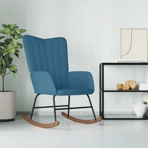 Myheimly Schaukelstuhl mit Hocker, Schwingstuhl mit Armlehne, Schaukelsessel mit Holzkufen Stahlgestell, Relaxsessel Schwingsessel Wohnzimmer, Samt Schaukelstuhl Blau,Ohne Fußablage