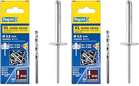Rapid Blindnieten Großkopf Ø 3,2mm, 2-4mm Klemmbereich, 50 Stk. Aluminium Nieten, Set inkl. Bohrer, für Blindnietzangen (Packung mit 2)