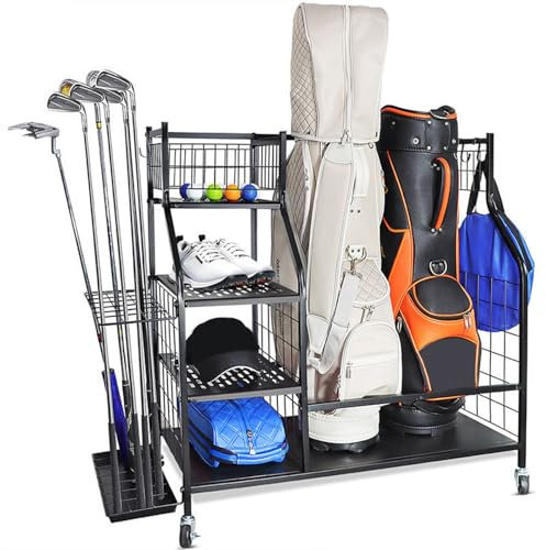ZWDMAER Golftaschen Organizer, Extra Großer Golfschläger Organizer mit Rädern, Golftaschenregal mit Haken und Korb, Garage Aufbewahrungsregal das Zwei Golftaschen und Zubehör Aufnehmen Kann