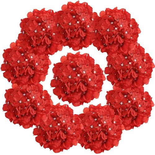 Auihiay 10 Stück Künstliche Hortensien Kunstblumen, Hortensien Kunstblumen für Hochzeitsdeko Tischgestecke, DIY Sträuße, Brautparty, Blumendeko Heimdekoration mit Stielen - Rot