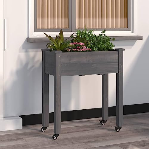 Gecheer Fioriera Ruote e Fodera Grigia 71x37x80cm Legno Massello Abete,Fioriera da Giardino,Fioriera da Esterno Grande,Fioriere Vaso per Fiori,Fioriera Rialzata,Letto Rialzato da Giardino,P3157825