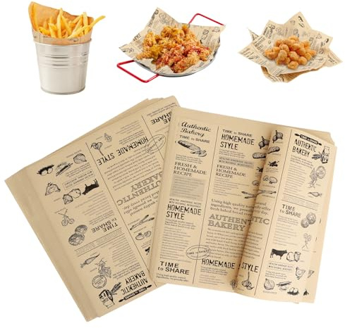 KQDRAVINE 100 Feuilles de Papier Cuisson, 25 x 25 cm, Papier Journal Alimentaire, Papier Sulfurisé, Sandwichs et Barbecue, Alimentaire Résistant à La Cuisine de Rue et Les Mets Raffinés