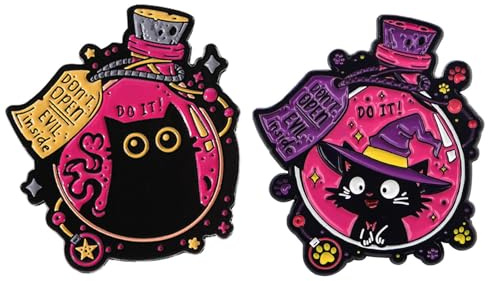 2 Stück Niedlicher schwarzer Katzen Anstecker Pin, Tier Dekoratives Abzeichen Zubehör, böse schwarze Katze in Flasche, Emaille Brosche Abzeichen für Rucksack Tasche Jacke Modeschmuck