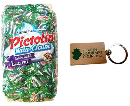Lote Caramelos Pictolin Menta Nata sin azúcar, bolsa de 800 gr sin gluten con llavero Adri (Grande, Menta y nata)