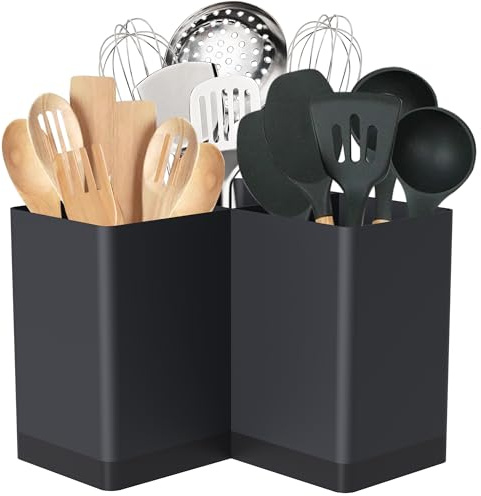 Suli Utensil Holder, Kitchen Utensils Holder, Black | Utensil Organiser for Corner Countertop, Extra Large, 3 Compartments, Farmhouse Decor, for Knives Forks, Iron