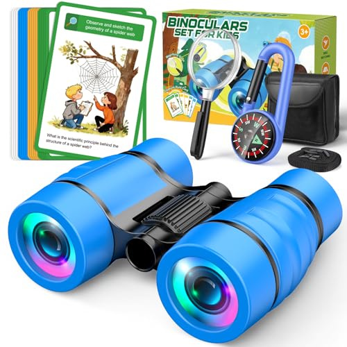 Outdoor Toys for 3-9 Year Old Boys–Binoculars for Kids with Fun 25 Explore Cards,Compass, Magnifying Glass-Garden Games 3-9 Year Old Boys Gifts Birthday Presents-for Football Matches,Hiking Travel