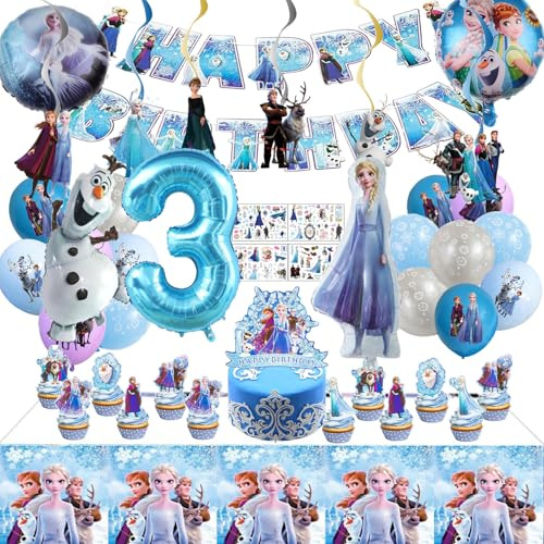 Blaue Cartoon-Mottoparty-Dekoration, 45 Stück Mädchen Geburtstags deko, Kinder Geburtstagsparty deko 3 jahre, Cake Topper, Tattoo Kinder, Cartoon-Ballon, Tischdecke, Swirl Decoration, Banner Kit