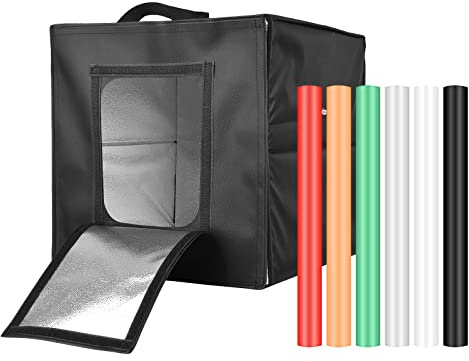 aqxreight Vikbart LED-ljustält, 40 Cm Bärbar Bordsskiva Fotostudio Ljuslåda med 128 LED-pärlor Bi-färgtemperatur Justerbar Ljusstyrka, 6 Färgbakgrunder för Smycken Kosmetik Konstverk
