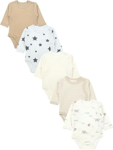 TupTam Baby Body Langarm – Wickelbody Langarm für Jungen & Mädchen, 5er Pack, 100% Baumwolle, OEKO-TEX, Farbe: Braun_Beige_Sterne_Tiere, Größe: 56