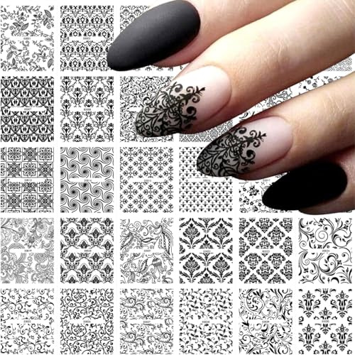 Muorruo 30 Sheets Lace Nail Stickers for Floral Nail Art, 3D Self-Adhesive Nail Stickers, Black, Hollow Retro Floral Vine Nail Stickers, Design Lace Flower Nail Accessories, Black