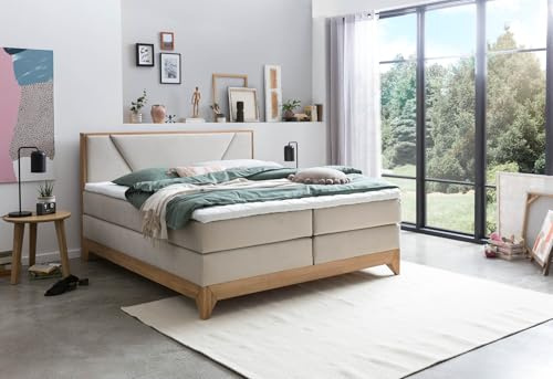 Belanoti Riviera Boxspringbett 200x200 Eiche 7-Zonen Taschenfederkern Matratze inkl Visco Topper Bett 200x200 in der Farbe Beige H2/H3 Polsterbett Hotelbett mit Massivholz Eiche Massivholzbett