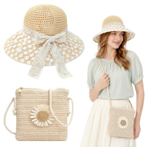 2 Pièces Chapeau De Paille Pliable Femme, Sac À Main en Paille | Capeline Femme Pliable, Chapeau de Plage à Large Bord, pour Voyage, Plage