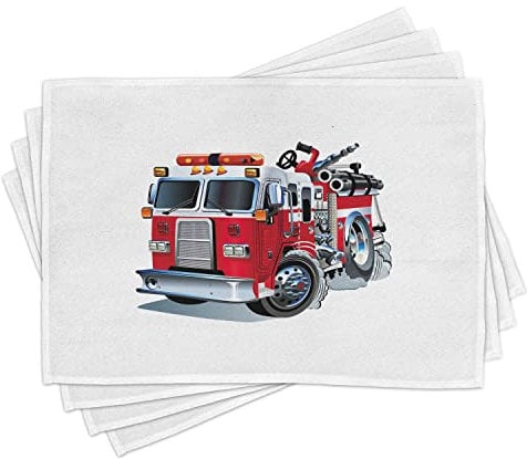 ABAKUHAUS LKW Platzmatten, Feuerwehr-Fahrzeug-Nothilfe für öffentlichen Feuerwehrmann-Transport-Themed Lastwagen, Tiscjdeco aus Farbfesten Stoff für das Esszimmer und Küch, Grau Rot