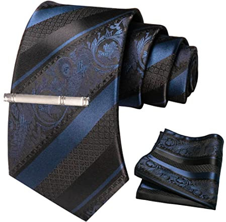 JEMYGINS Herren Krawatten Set mit gemischtem Rosen und Streifenmuster inklusive Krawattenklammer und Taschentuch Navy blau