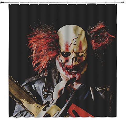 jingjiji Horror Clown Duschvorhang Geist Schwarz Zirkus Lustig Kreativ Halloween Badezimmer Dekoration Vorhänge Polyester Stoff Wasserdicht mit Haken 178 x 188 cm
