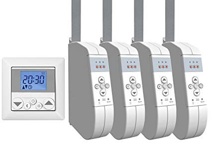 WIR elektronik, eWickler Standard 4 Fenster Funk-Set, eW930-F-M, 4x elektrischer Gurtwickler + 1x Funkuhr eU140, für 15mm Gurtband, Aufputz, bis 45Kg, Fahrtzeiten einstellbar, inkl. Netzstecker