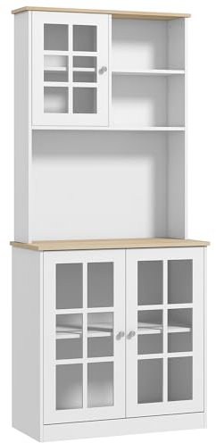 HOMCOM Freestanding Kitchen Cupboard, Storage Cabinet with Doors and Adjustable Shelves, Counter Top, Grid Glass Doors, 80L x 37W x 183H cm - White