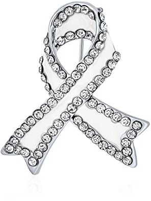 Broche Cristal Ruban De Sensibilisation Au Cancer Du Poumon Blanc - Finition Émaillée Avec Accents Plaqués Argent - Bijou Attentionné Pour Femmes